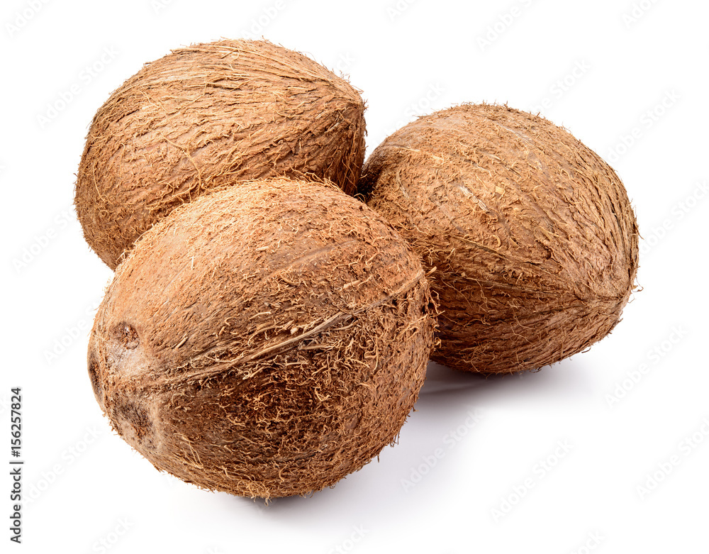 Coconut. Three coco nuts isolated on white background. Collection. Full depth of field. Coconut. Three coco nuts isolated on white background. Collection. Full depth of field.