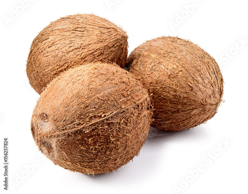 Coconut. Three coco nuts isolated on white background. Collection. Full depth of field.