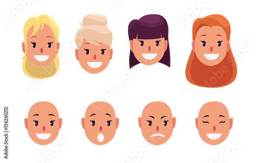 Woman, pretty faces with different hairstyles and emotions. Avatar. Vector illustration.