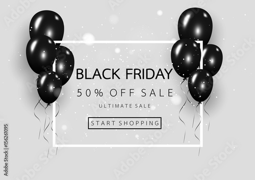 Black friday sale poster with black balloons on gray banner background. Vector illustration