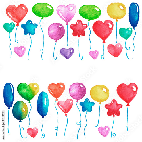 Happy birthday Party balloons Colorful air balloons for invitation postcards Wedding posters Watercolor illustration Isolated on white background
