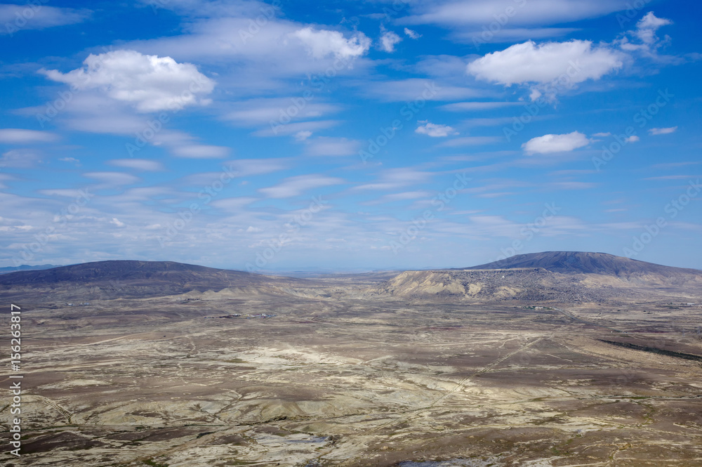 Panoramic view of Gobustan from Kichikdash mountain. Azerbaijan