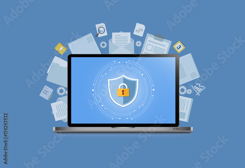Concept is data security Center .Shield on Computer Laptop protect sensitive data. Internet security. Vector Illustration