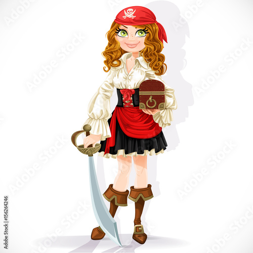 Cute pirate girl with cutlass and chest isolated on a white background