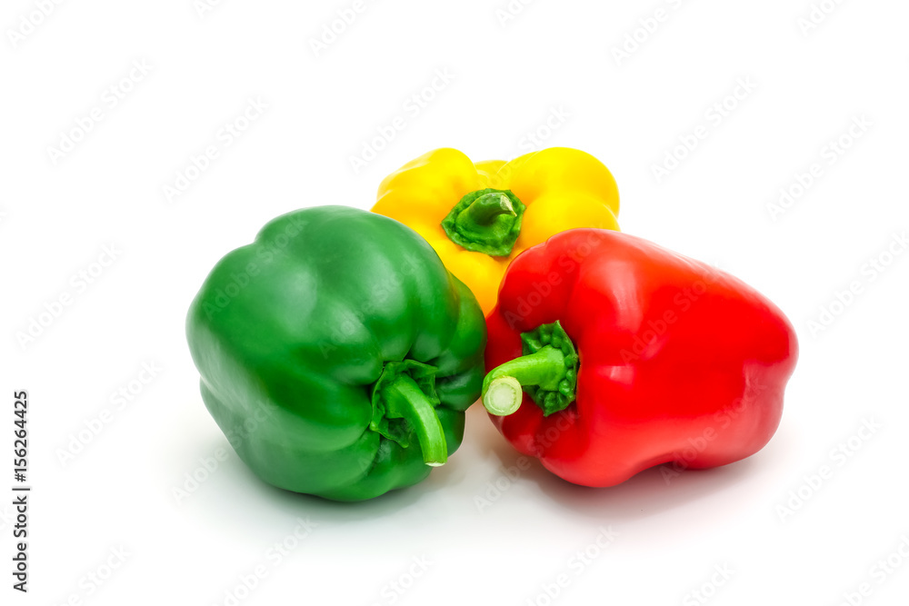 Green, yellow and red fresh bell pepper or capsicum isolated on white background. Green, yellow and red fresh bell pepper or capsicum isolated on white background.