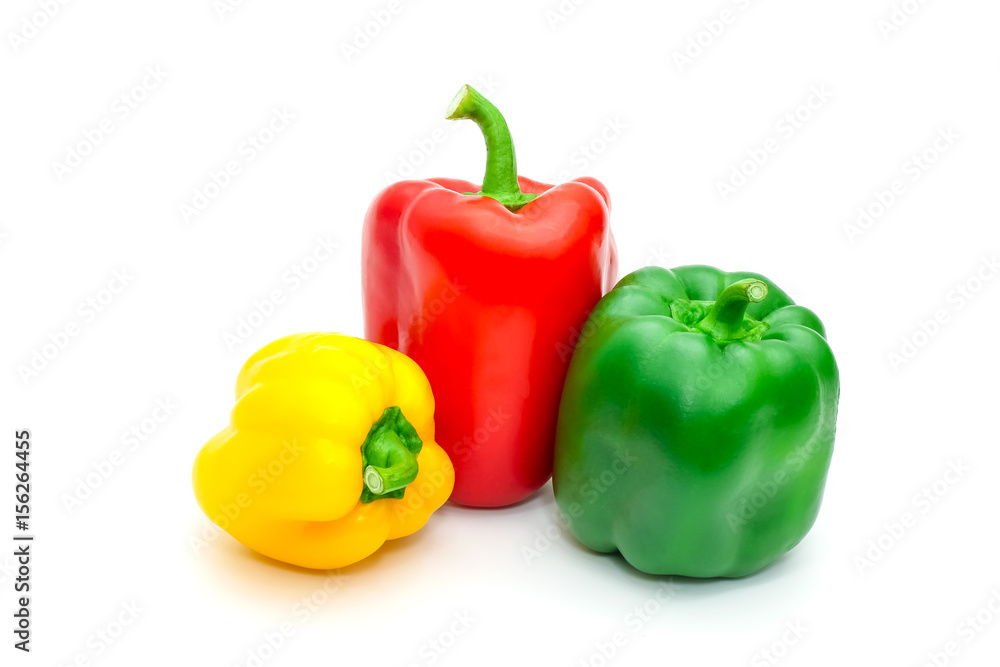 Green, yellow and red fresh bell pepper or capsicum isolated on white background. Green, yellow and red fresh bell pepper or capsicum isolated on white background.