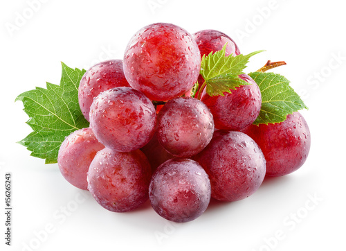Ripe fresh wet red grape with leaves isolated on white. With clipping path. Full depth of field.