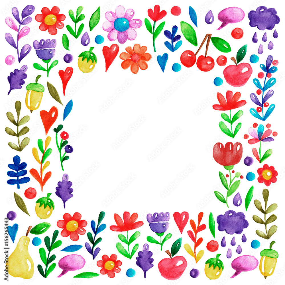 Cute garden flower and plants with fruits and berries For invitation, kindergarten, wedding invitations, nursery, posters, banners, covers, books, textbooks, notepads Cute garden flower and plants with fruits and berries For invitation, kindergarten, wedding invitations, nursery, posters, banners, covers, books, textbooks, notepads