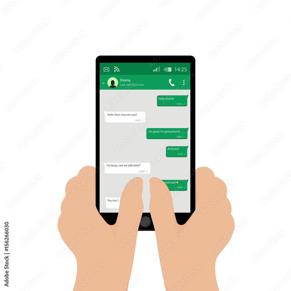 Hand holding mobile phone. Vector illustration. Social network concept. Vector. Messenger window. Chating and messaging concept. Green chat boxes. Hand holding mobile phone. Vector illustration. Social network concept. Vector. Messenger window. Chating and messaging concept. Green chat boxes.