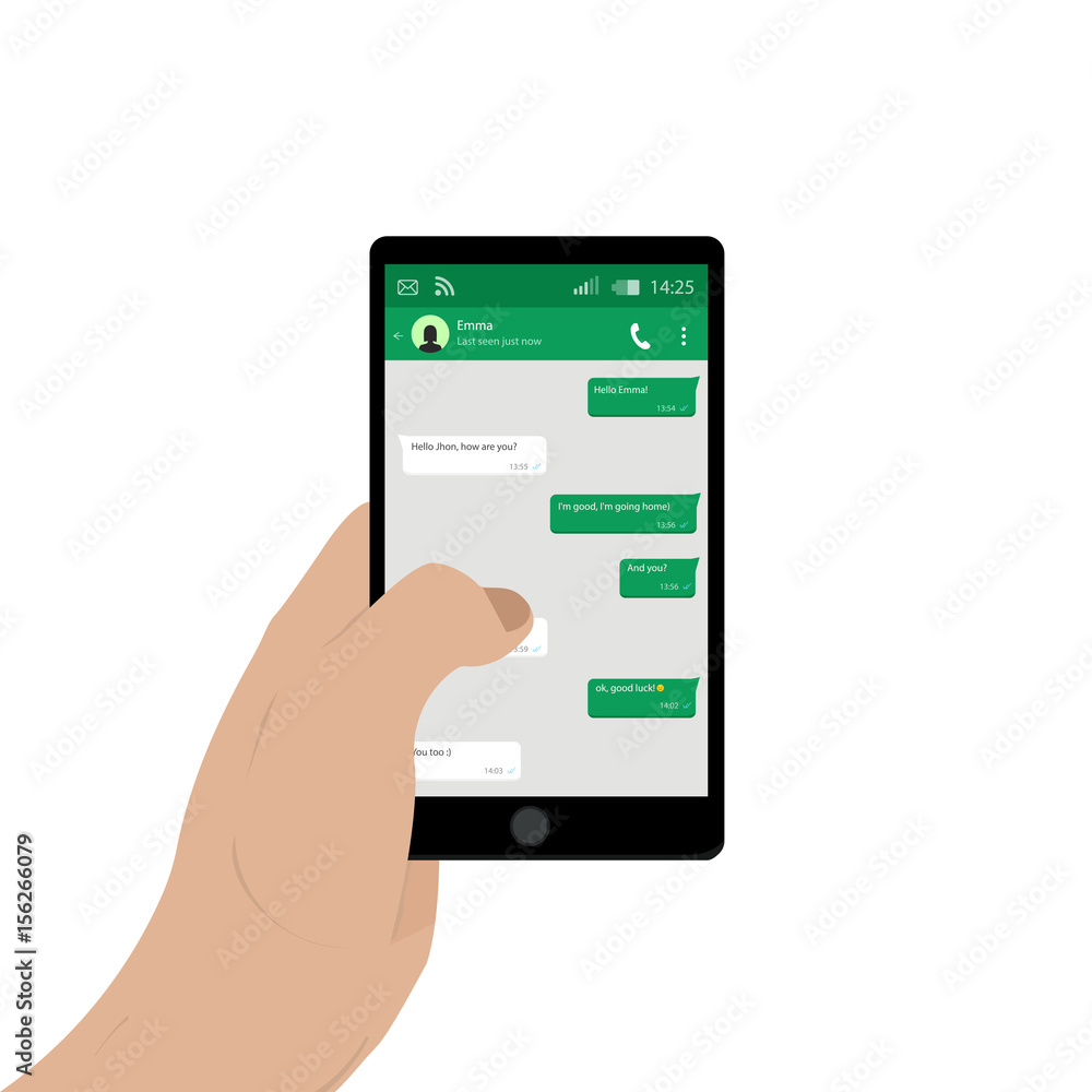 Hand holding mobile phone. Vector illustration. Social network concept. Vector. Messenger window. Chating and messaging concept. Green chat boxes. Hand holding mobile phone. Vector illustration. Social network concept. Vector. Messenger window. Chating and messaging concept. Green chat boxes.