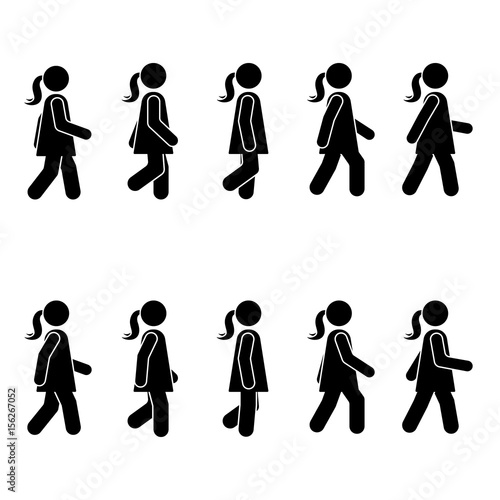 Woman people various walking position. Posture stick figure. Vector standing person icon symbol sign pictogram on white