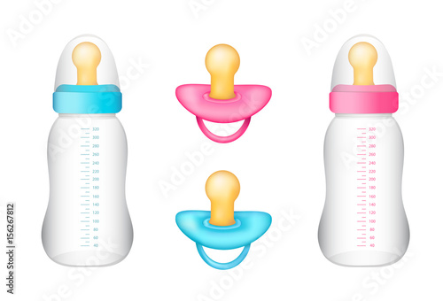 Realistic blue and pink pacifiers, baby bottles on the white background.