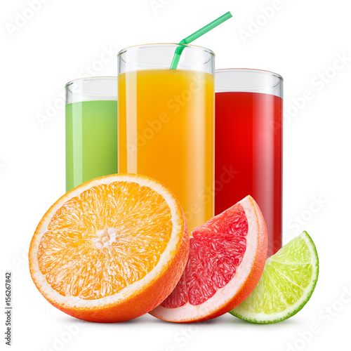 Isolated drinks. Glasses of fresh citrus juices (orange, grapefruit, lime) and cut fruits isolated on white background