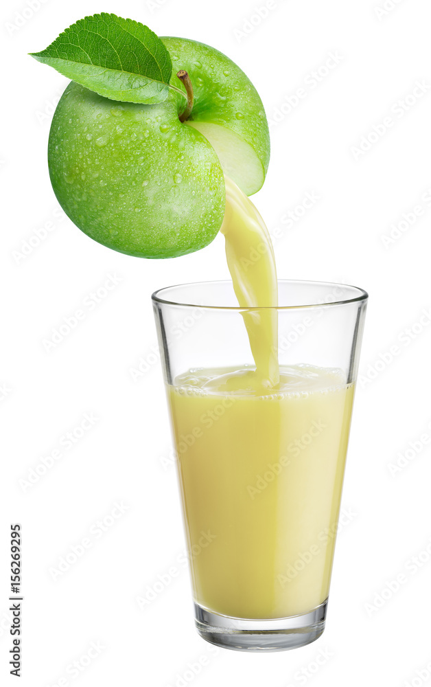 Fresh juice pours from apple fruit into the glass isolated on white background. Fresh juice pours from apple fruit into the glass isolated on white background.