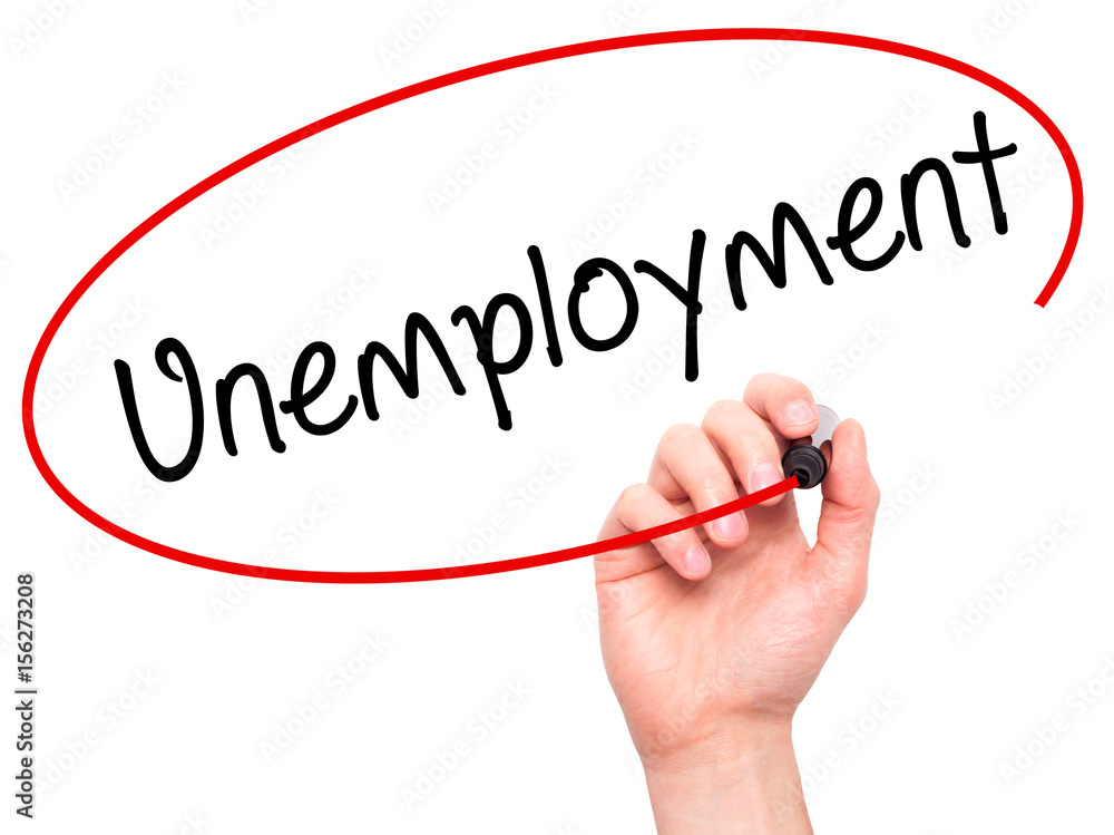 Man Hand writing Unemployment with black marker on visual screen Man Hand writing Unemployment with black marker on visual screen