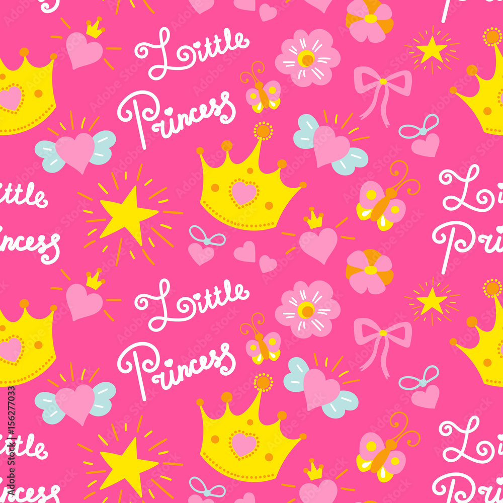 Pink little princess pattern vector. Girl baby background for template  birthday card, baby shower invitation, kids wallpaper and fabric. Sweet  print with stars, crowns, bows and hearts. Stock Vector | Adobe Stock