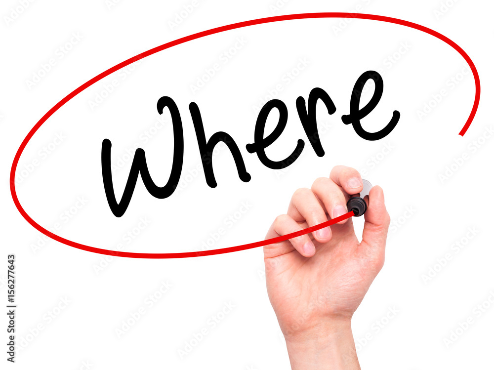 Man Hand writing Where with black marker on visual screen. Man Hand writing Where with black marker on visual screen.