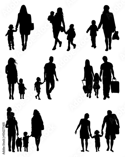 Black silhouettes of families at walking, vector