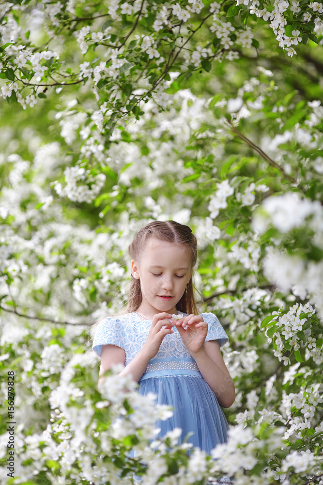 Cute little girl in blooming apple tree garden at spring Cute little girl in blooming apple tree garden at spring