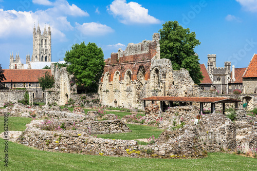 Ruins of  St Augustines Abbey with Canterbury Cathedral in the background. England