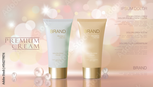 Delicate pearl pink cosmetic ad. Beige white face cream mask tube reflection package mockup blurred defocused shiny background template vector illustration