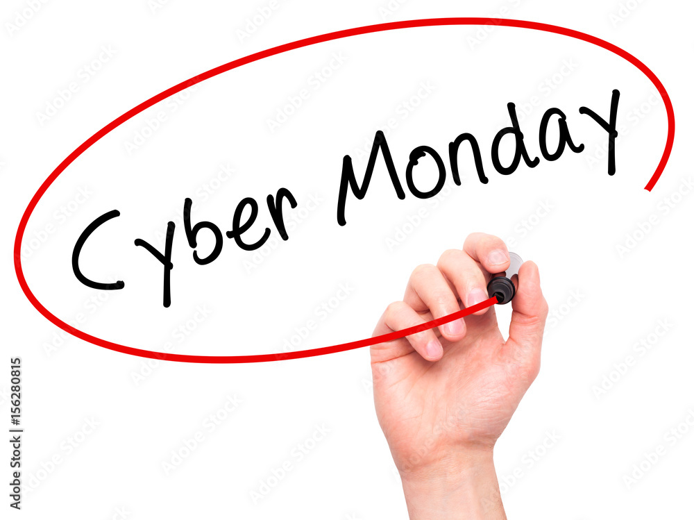 Man Hand writing Cyber Monday with black marker on visual screen Man Hand writing Cyber Monday with black marker on visual screen
