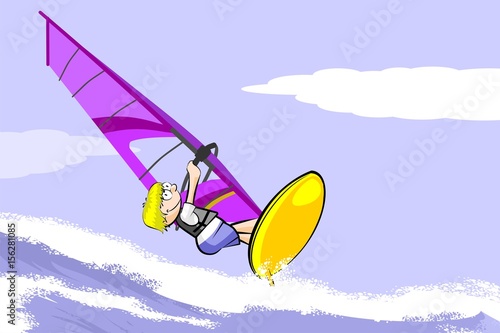 Boy practicing windsurfing in the ocean