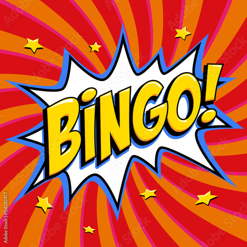 Bingo lottery poster. Lottery game background. Comics pop-art style bang shape on a red twisted background.