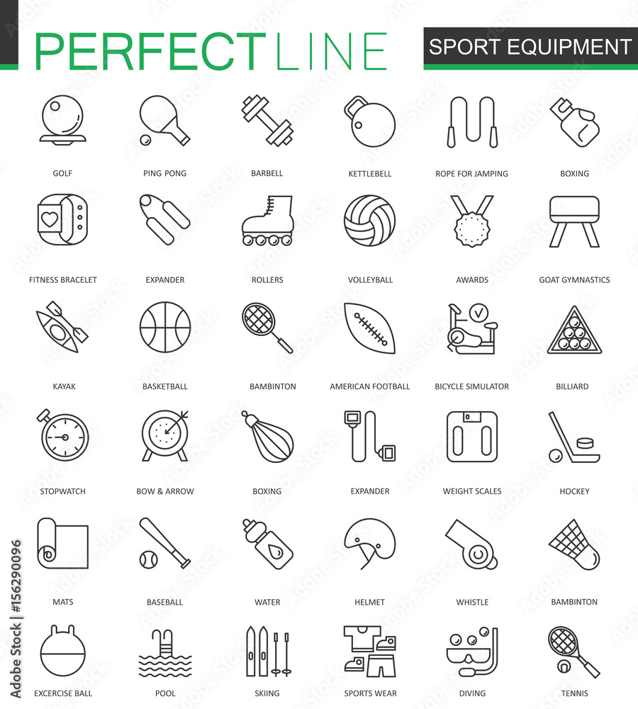Sport equipment thin line web icons set. Outline stroke icons design.