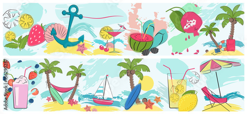 Summer holidays vacation horisontal poster set for web. Greeting and invitation card. Tropical vacation vector illustration. © lembergvector