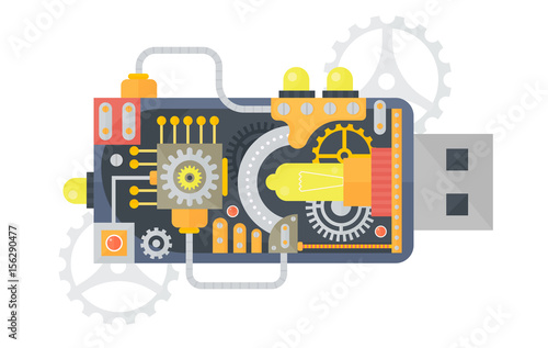 Steampunk vintage USB flash drive with different small gears and lamps inside. Vector illustration