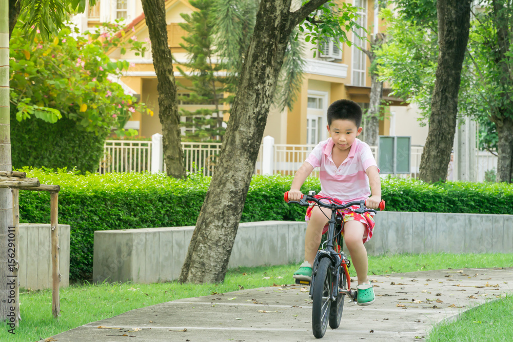 a little boy riding small bicycle in the park.