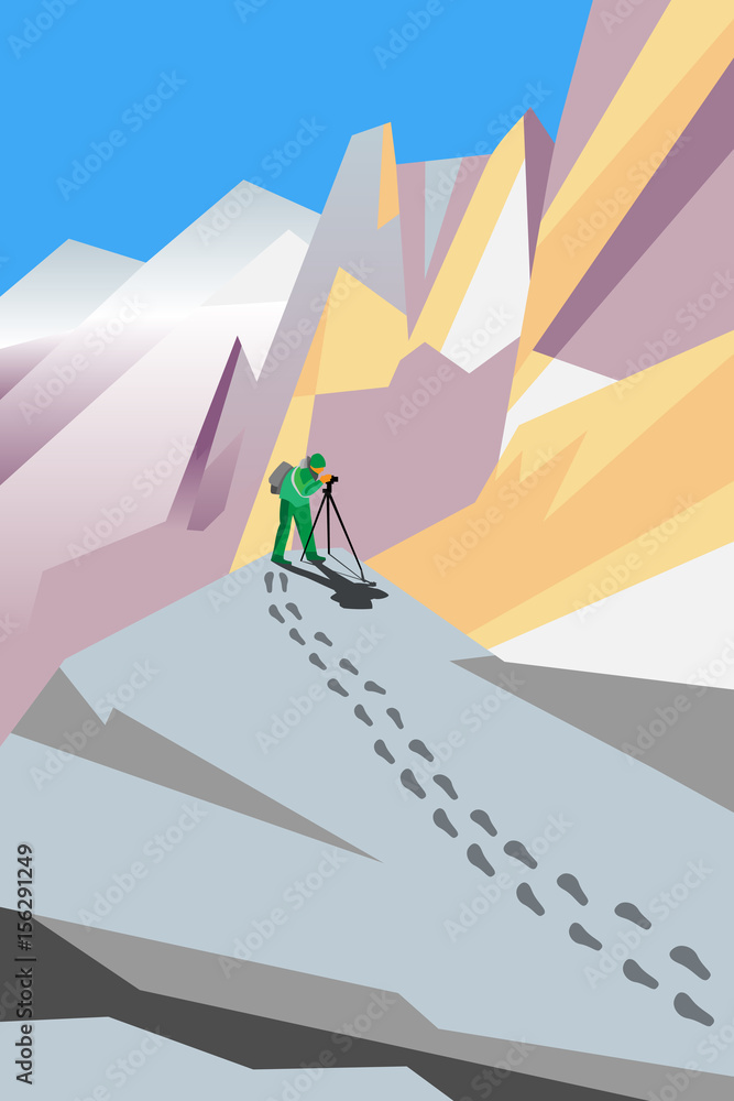 vector painting of photographer in mountains