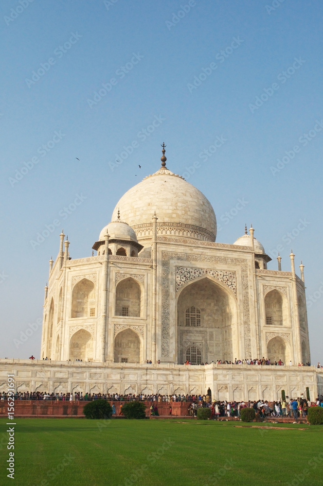 Beautiful view of Tajmahal in Agra, India on blue sky day