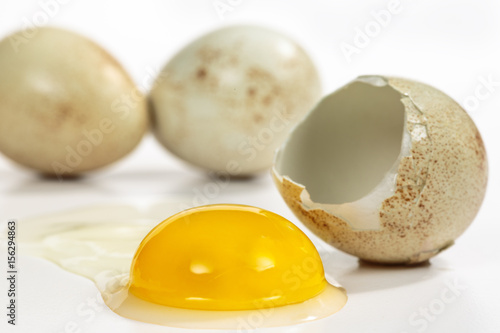 Raw partridge egg and its cracked eggshell in front of other eggs, on white