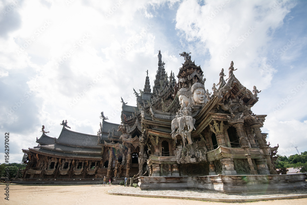 Details of Sanctuary of Truth temple (Prasat Satchatham),handmade reliefs and sculptures, Pattaya, Thailand