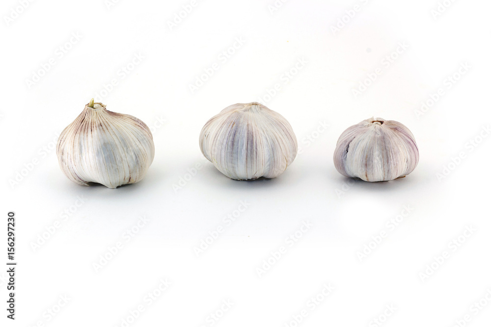 Obraz premium Three fresh Young bulbs of garlic neatly isolated on white background