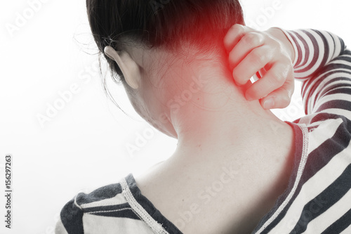 Wallpaper Mural woman scratching neck on isolated white background. concept of health care lifestyle. view from back body. Torontodigital.ca
