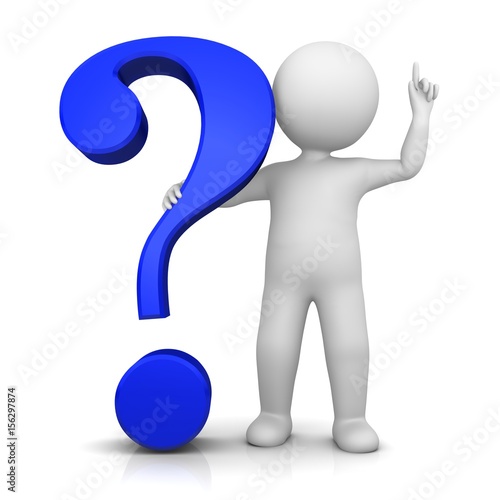 question mark blue 3d interrogation point asking sign isolated on white background with man as stickman in thinker pose or with idea gesture colored for business presentations or internet