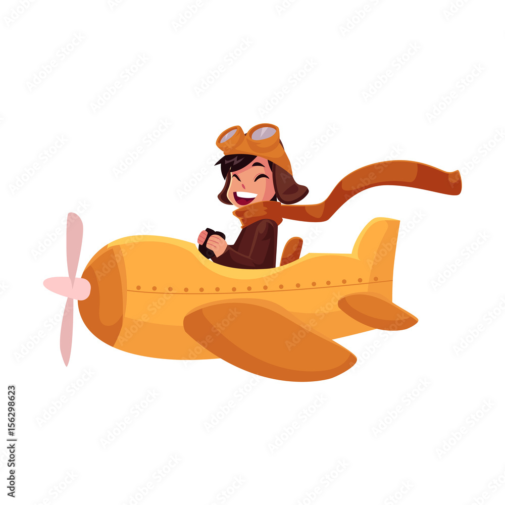 Little boy in pilot helmet and goggles flying in retro airplane, cartoon  vector illustration isolated on white background. Cute happy little boy  pilot flying in retro style airplane, plane, aircraft Stock Vector |