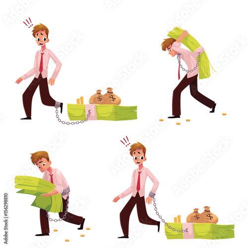 Man chained to, carrying, holding bundle of banknotes, financial, money dependence concept, cartoon vector illustration isolated on white background. Man with big bundle of money, financial dependence