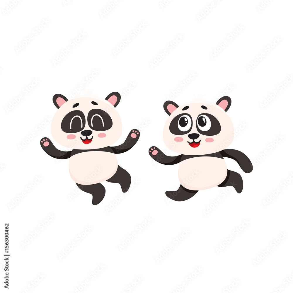 Two cute and funny baby panda characters running, hurrying, jumping happily, cartoon vector illustration isolated on white background. Couple of cute little panda bear characters, mascots running Two cute and funny baby panda characters running, hurrying, jumping happily, cartoon vector illustration isolated on white background. Couple of cute little panda bear characters, mascots running