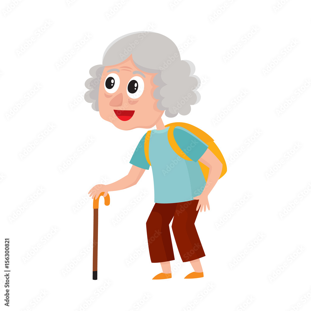 Old, senior woman, tourist with backpack and stick on vacation tour, cartoon vector illustration isolated on white background. Full length portrait of old lady, woman tourist on sightseeing tour Old, senior woman, tourist with backpack and stick on vacation tour, cartoon vector illustration isolated on white background. Full length portrait of old lady, woman tourist on sightseeing tour