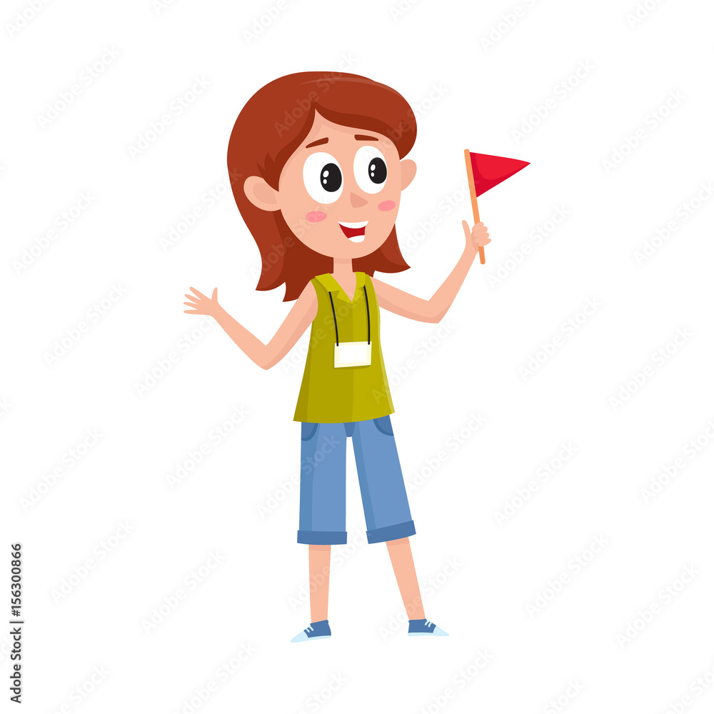 Pretty girl working as tour guide, holding flag, meeting tourist groop,  cartoon vector illustration isolated on white background. Full length  portrait of young and pretty female tour guide at work Stock Vector |