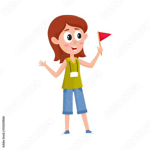 Pretty girl working as tour guide, holding flag, meeting tourist groop, cartoon vector illustration isolated on white background. Full length portrait of young and pretty female tour guide at work