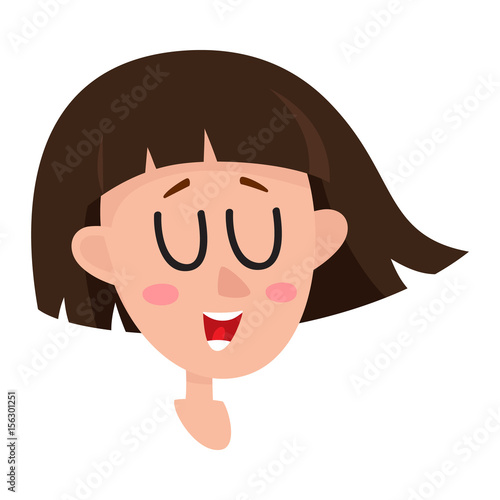 Pretty dark brown hair woman, laughing facial expression, cartoon vector illustrations isolated. Beautiful woman laughing out load with closed eyes and open mouth. Laughing face expression