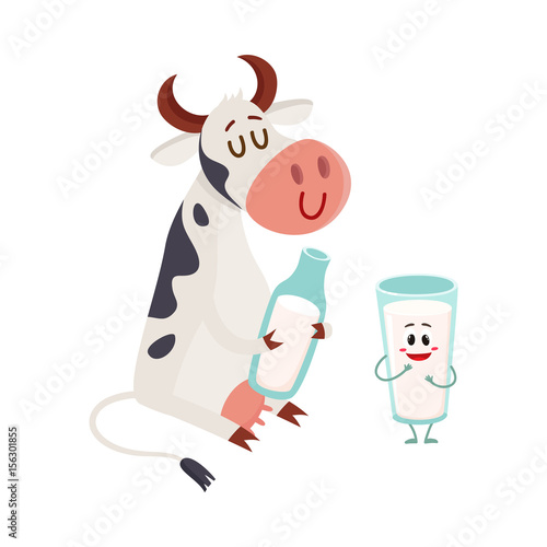 Funny smiling farm cow sitting and glass of milk standing characters, cartoon vector illustration isolated on white background. Cute and funny cow with bottle of milk and glass of milk characters