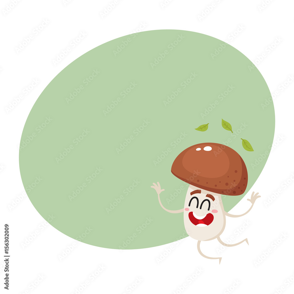 Funny porcini mushroom character jumping from happiness, cartoon vector illustration with space for text. Happy porcini mushroom character jumping, throwing leaves Funny porcini mushroom character jumping from happiness, cartoon vector illustration with space for text. Happy porcini mushroom character jumping, throwing leaves