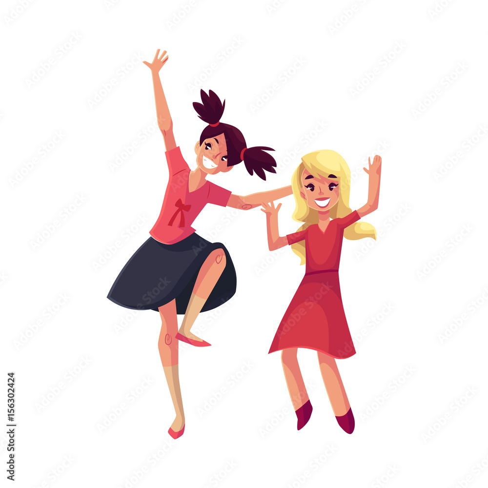Two girls, one teenager with black ponytails, another blond preschooler,  dancing at party, cartoon vector illustration isolated on white background.  Happy girls dancing, having fun at a kids party Stock Vector |