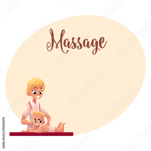 Young beautiful therapist doing baby massage, cartoon vector illustration with space for text. Professional female massage therapist doing baby massage to infant boy, half length portrait